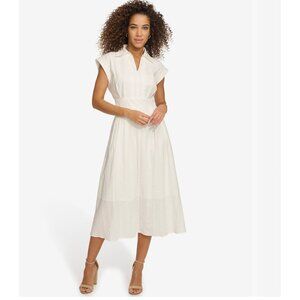 Kensie Womens White Midi Shirt Dress Size 2 Lightweight Cotton Blend Cap Sleeves